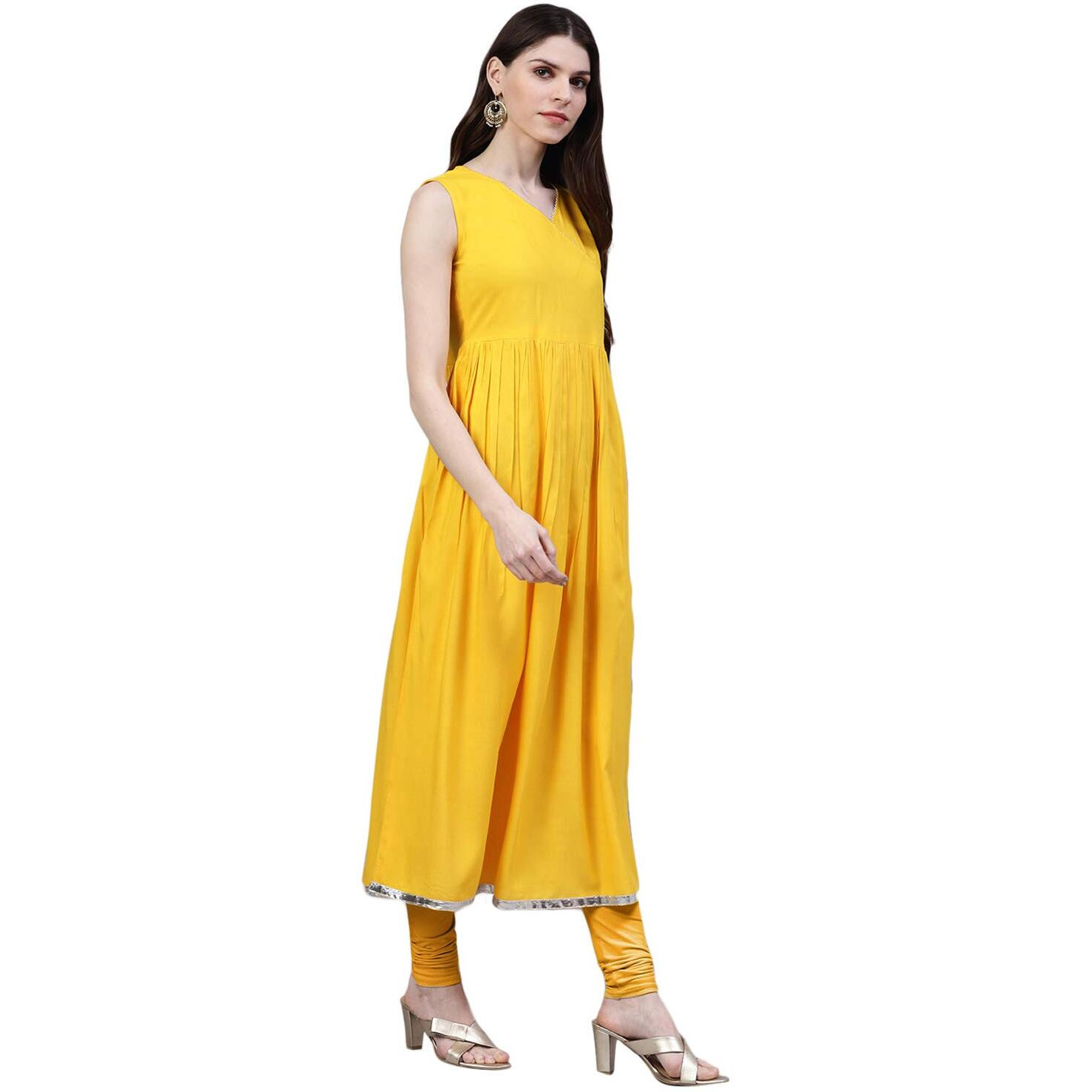 Stylum Women's Solid Rayon Flared Kurta Dupatta Set (Bunnymustardkdset40_Mustard, L)