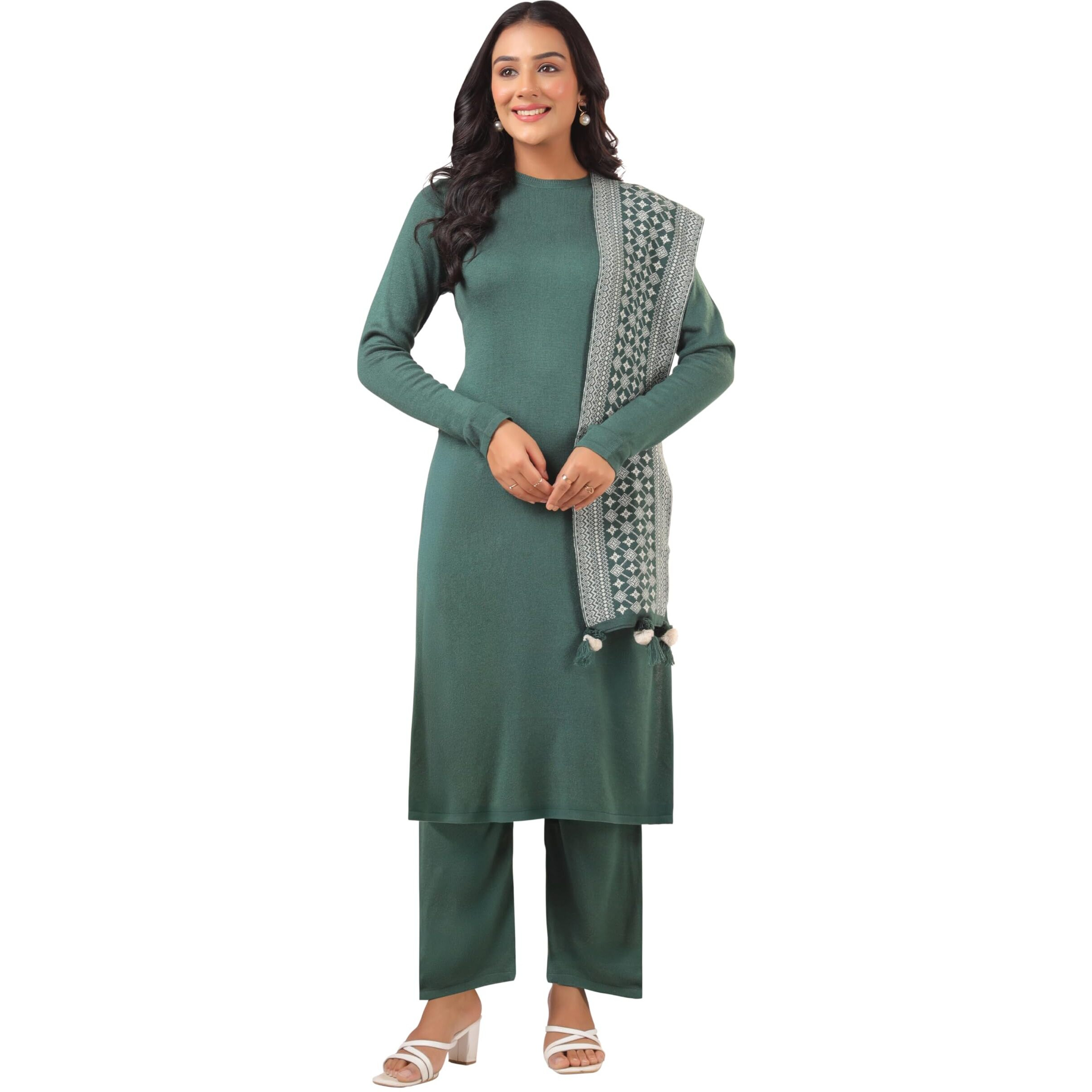 Janasya Women's Dark Green Woolen Self Design Straight Winter Kurta with Pant & Stole Set (JAB24ST01163-M)