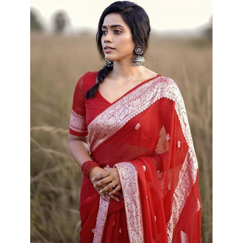 Satrani Women's Cotton Silk Jacquard Saree with Unstitched Blouse Piece (3073S107N_Red)