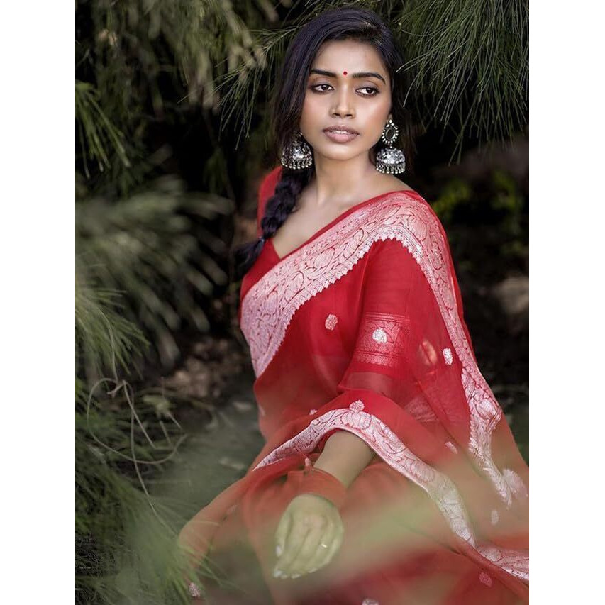 Satrani Women's Cotton Silk Jacquard Saree with Unstitched Blouse Piece (3073S107N_Red)