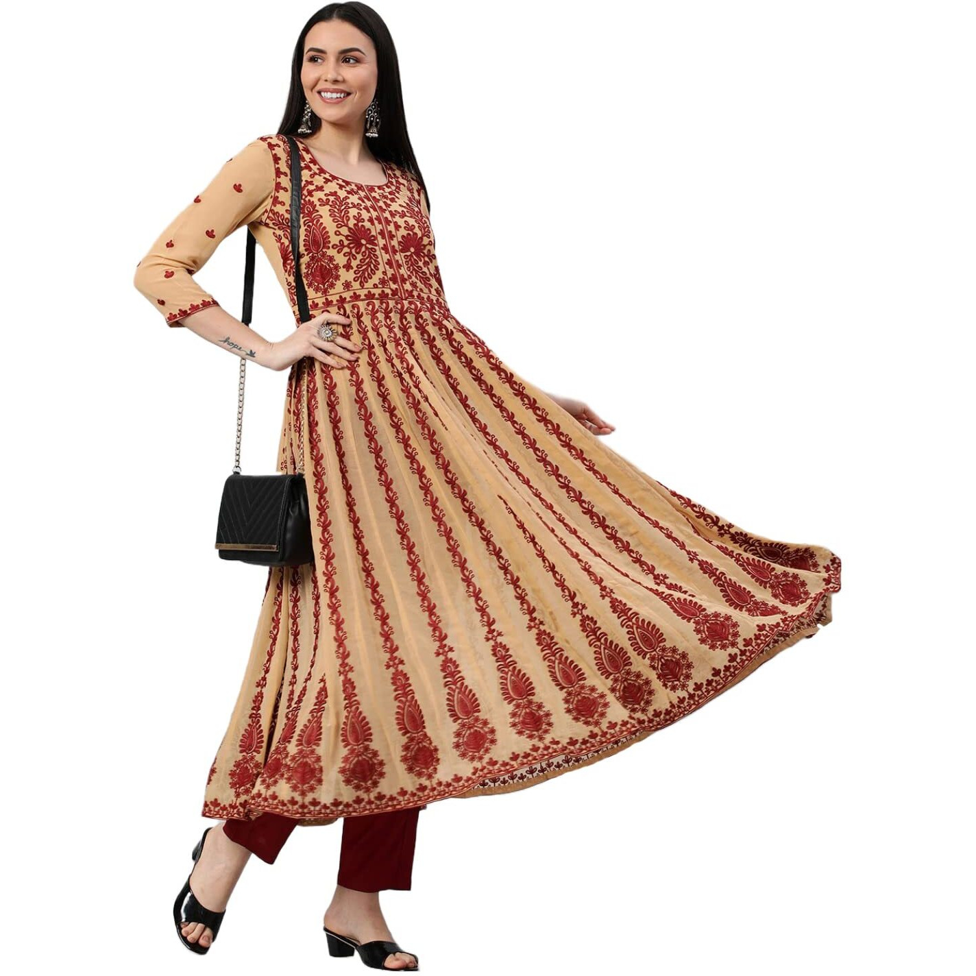 ANNI DESIGNER Women's Georgette Chikankari Embroidered Anarkali Kurti (Kari-Beige-SM_XXL_Beige_XX-Large)