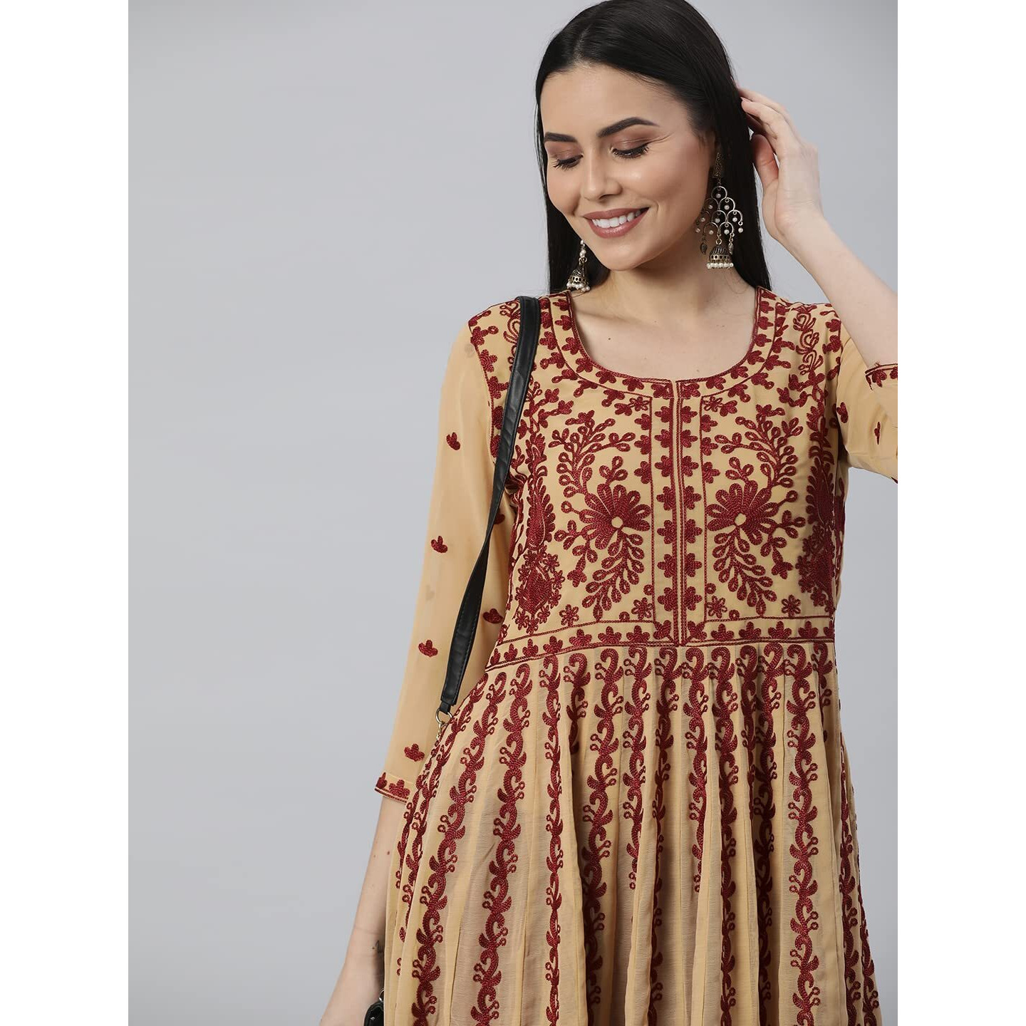 ANNI DESIGNER Women's Georgette Chikankari Embroidered Anarkali Kurti (Kari-Beige-SM_XXL_Beige_XX-Large)
