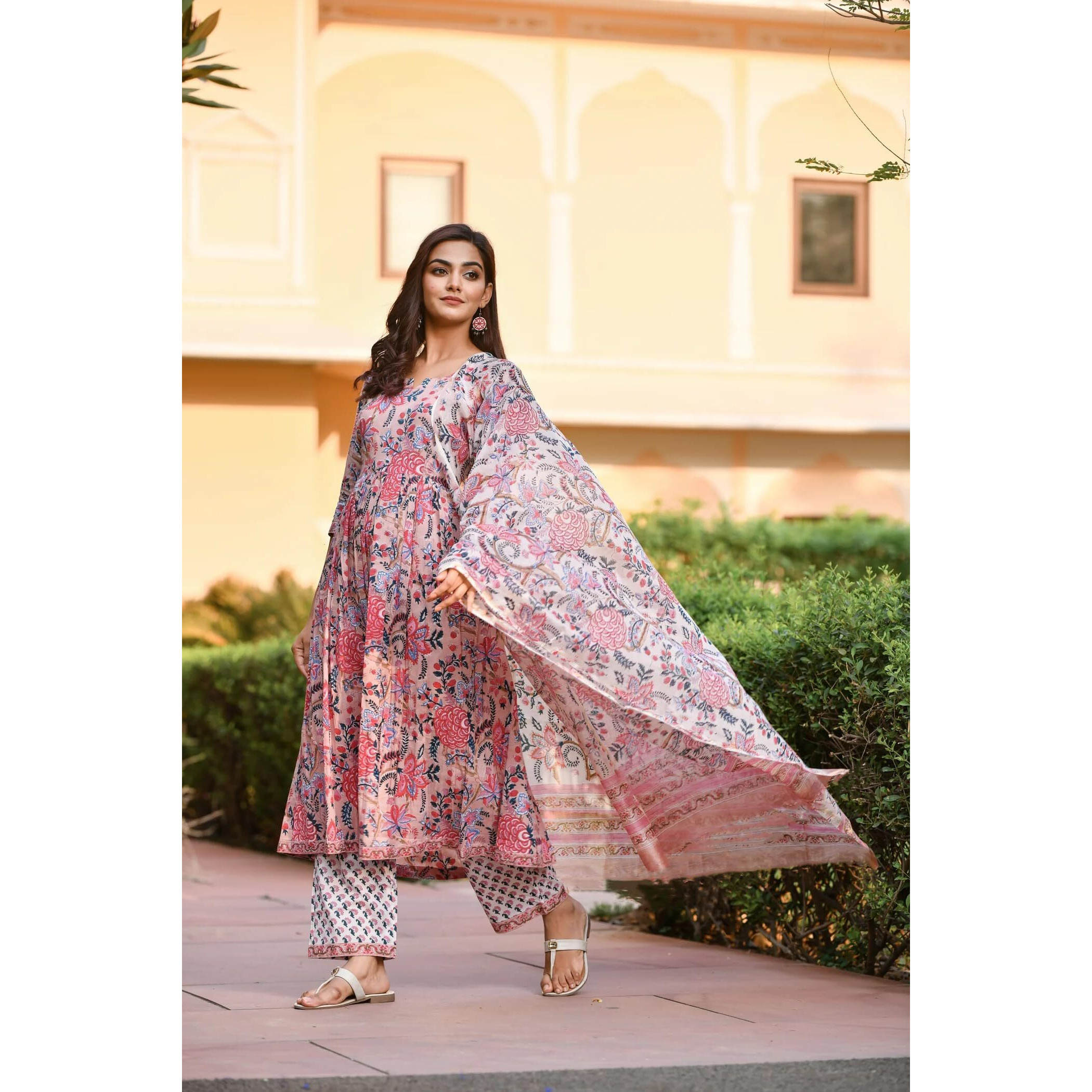 Fashion Basket Women's Georgette Anarkali Kurta Set with Duptta for Women (in, Alpha, L, Regular, Beige-1)