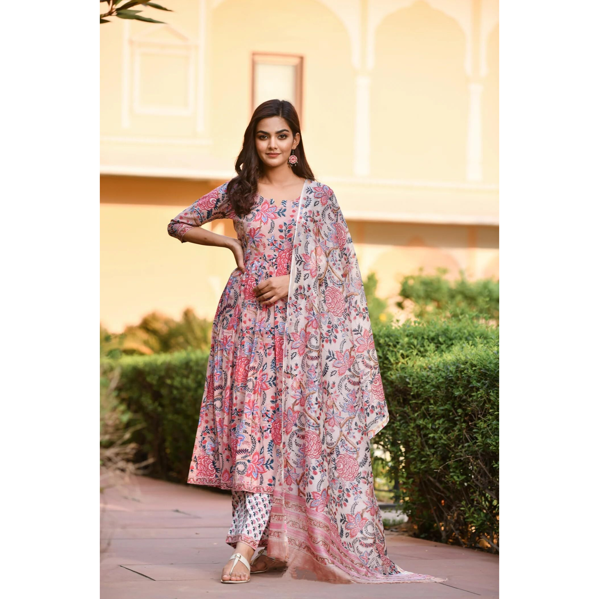 Fashion Basket Women's Georgette Anarkali Kurta Set with Duptta for Women (in, Alpha, L, Regular, Beige-1)