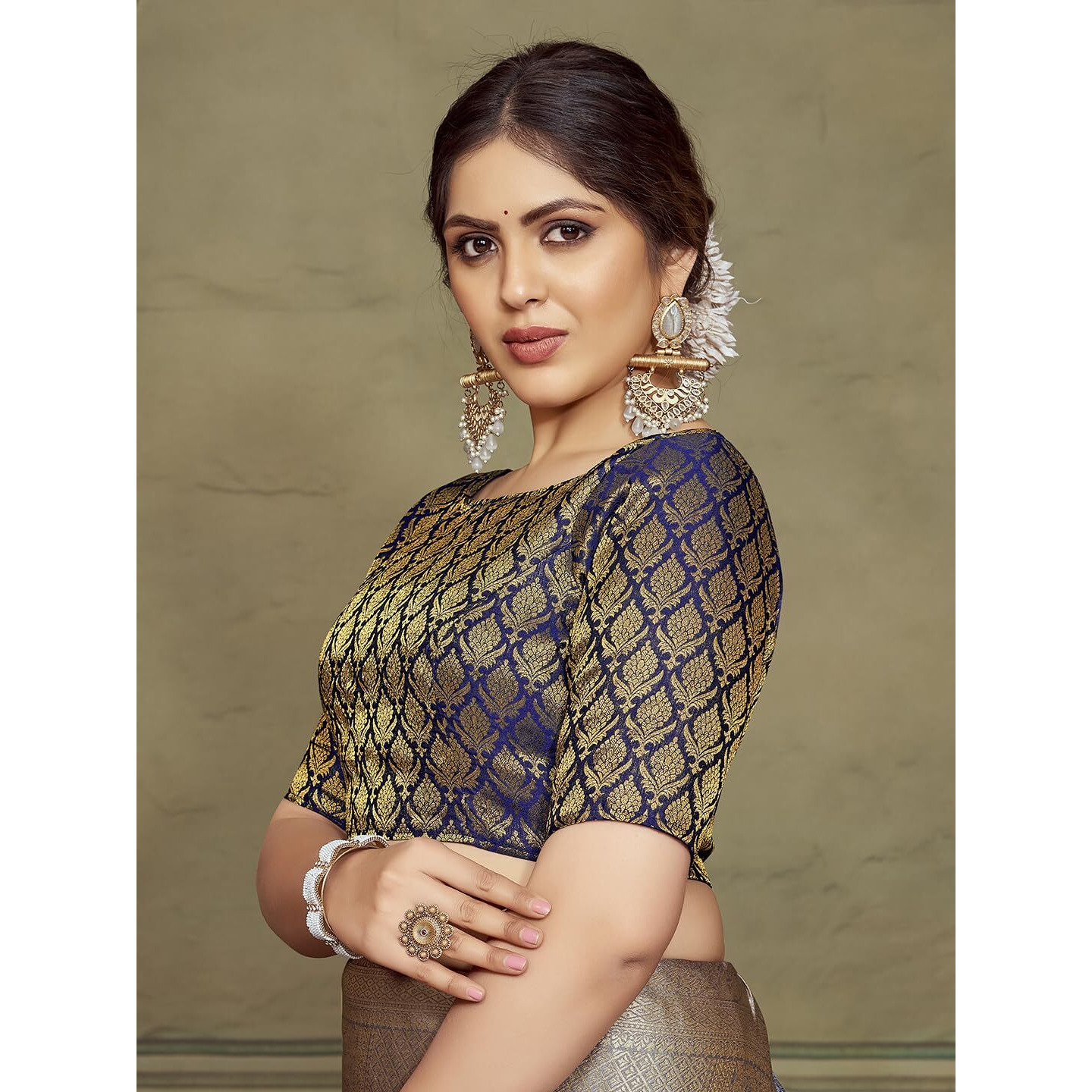 VardhaWomen's Art Silk Readymade Blouse for Women Silk Saree Sleeveless Blouse Butti Designs| Boat Neck Blue Blouse