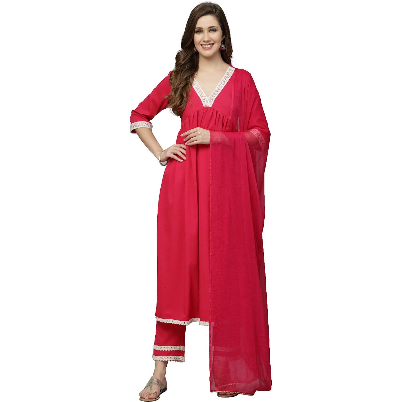 Stylum Women's Solid Crepe Kurta Pant Dupatta Set (KPDJANVIPINK36_Magenta,S)