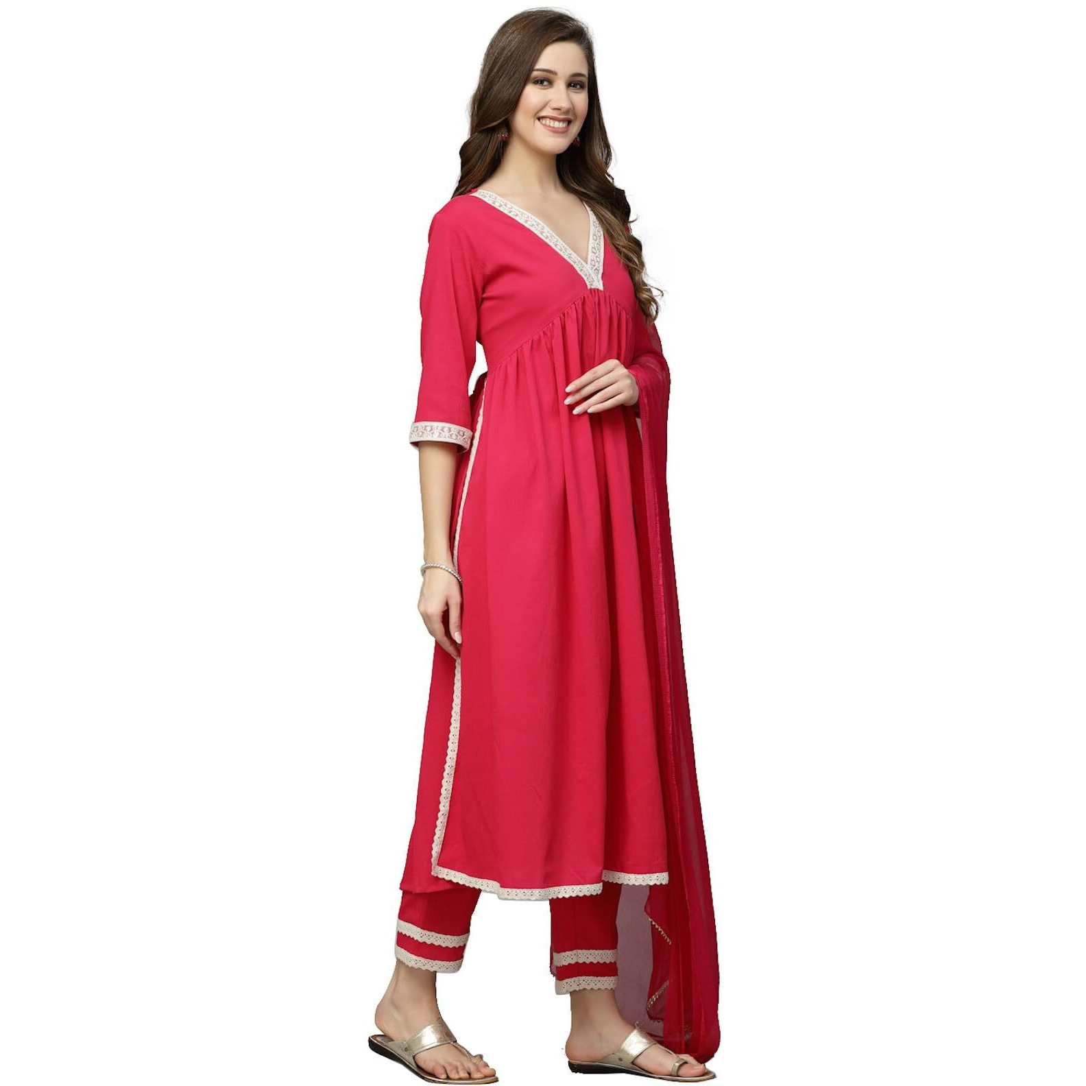 Stylum Women's Solid Crepe Kurta Pant Dupatta Set (KPDJANVIPINK36_Magenta,S)
