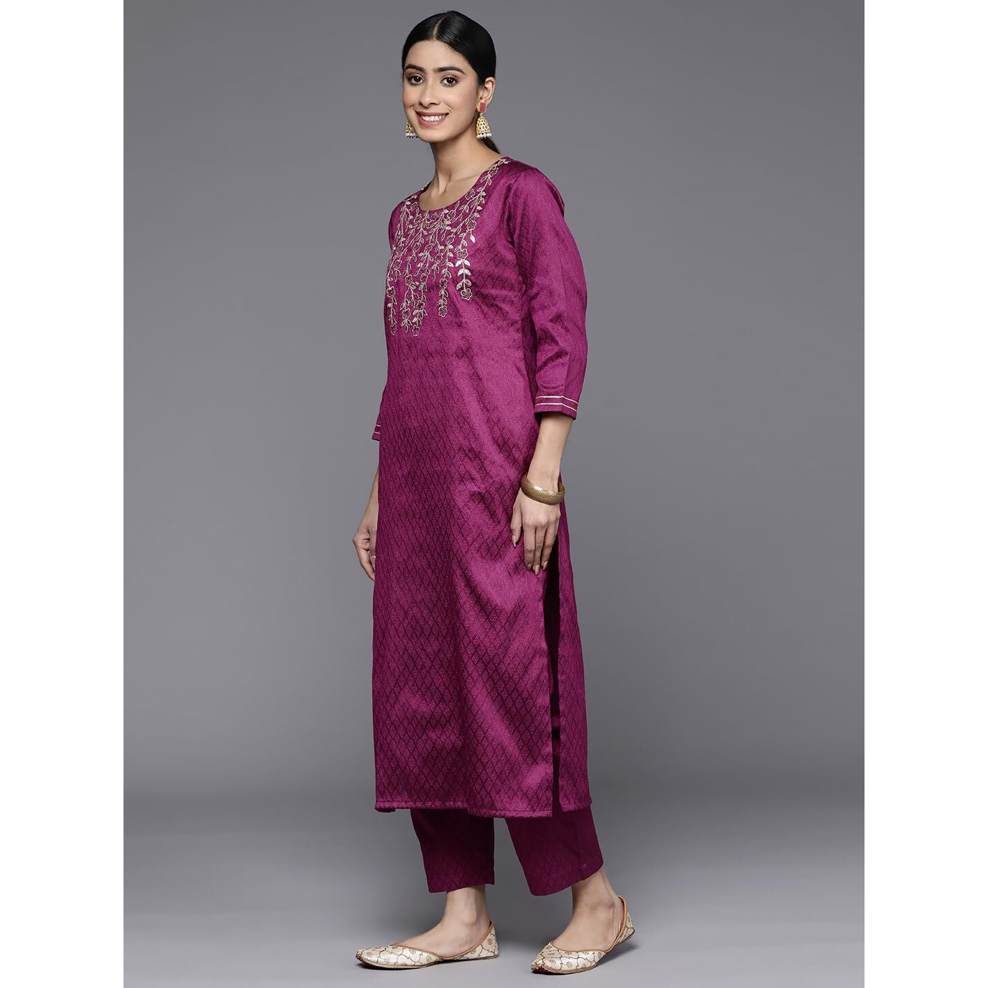 Varanga Women Purple Yoke Embroidered Straight Kurta Paired With Tonal Bottom And Bhagalpuri Printed Dupatta