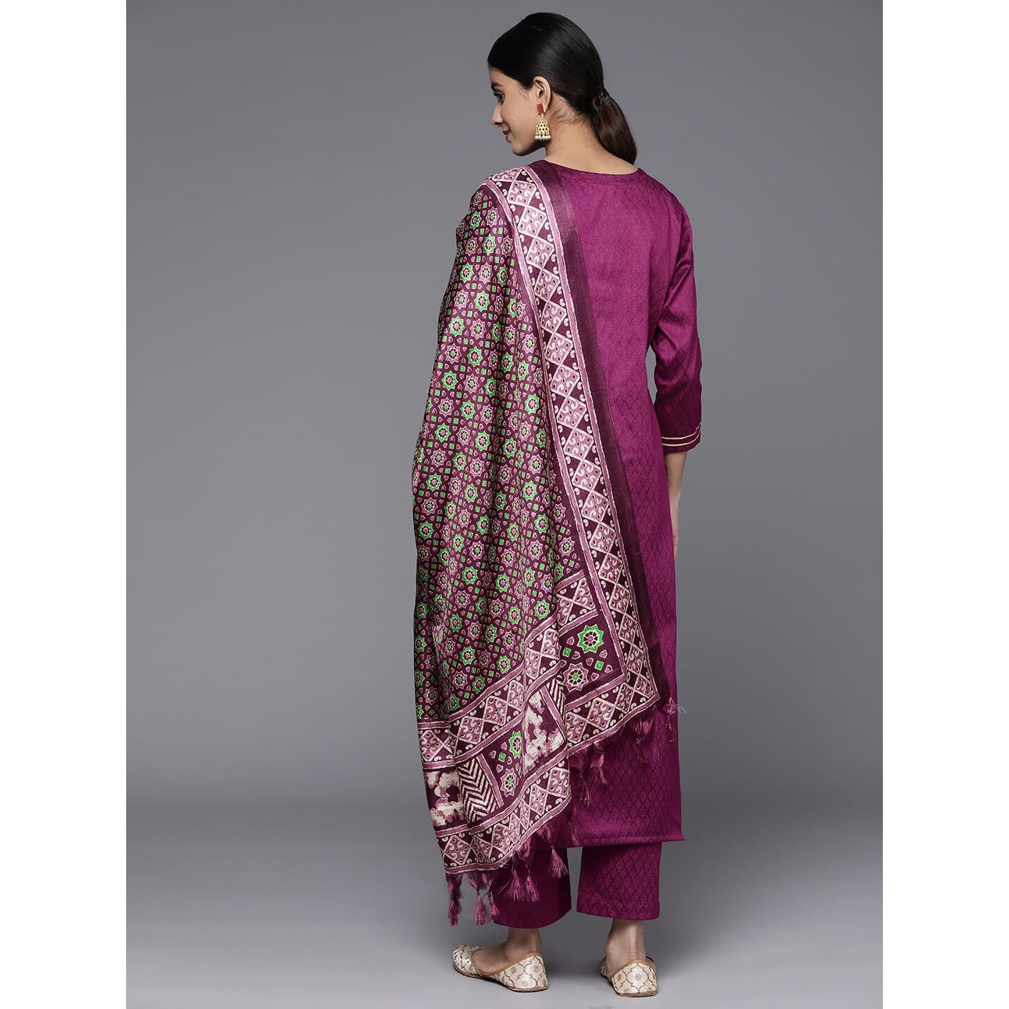 Varanga Women Purple Yoke Embroidered Straight Kurta Paired With Tonal Bottom And Bhagalpuri Printed Dupatta