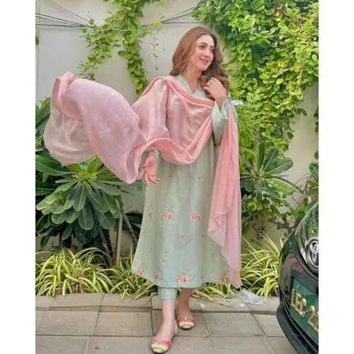 ANNI DESIGNER Women's Rayon Blend Embroidered Straight Kurta with Pant & Dupatta (Baad Green_S_Green_Small)