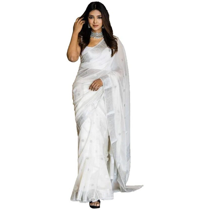 Satrani Women's Cotton Silk Jacquard Saree with Unstitched Blouse Piece (3073S106N_White)