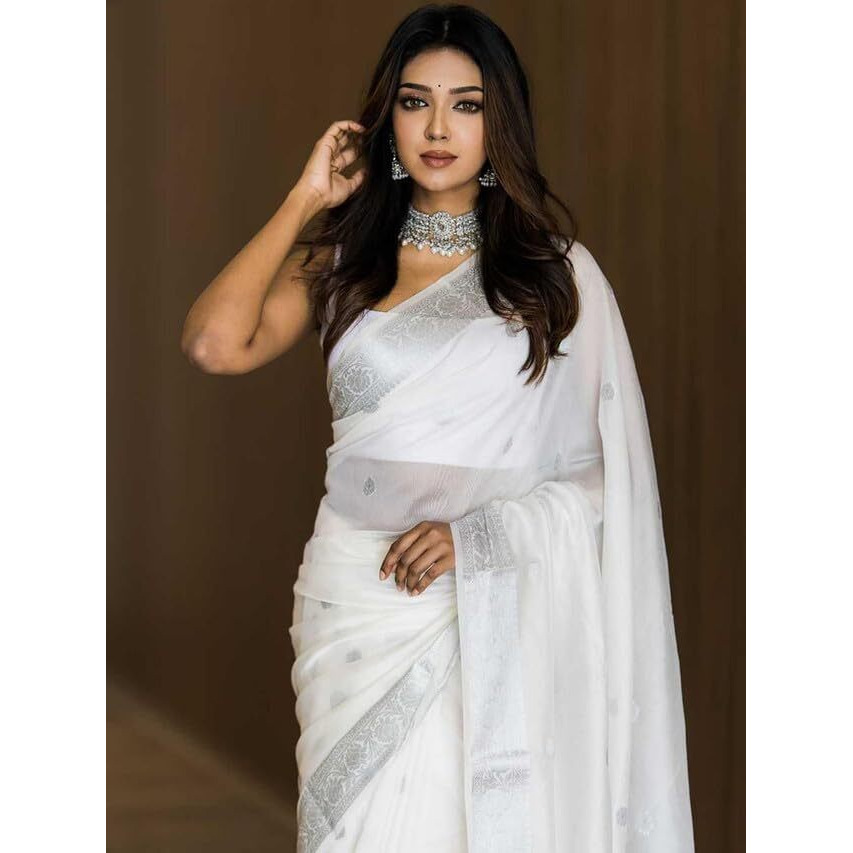 Satrani Women's Cotton Silk Jacquard Saree with Unstitched Blouse Piece (3073S106N_White)
