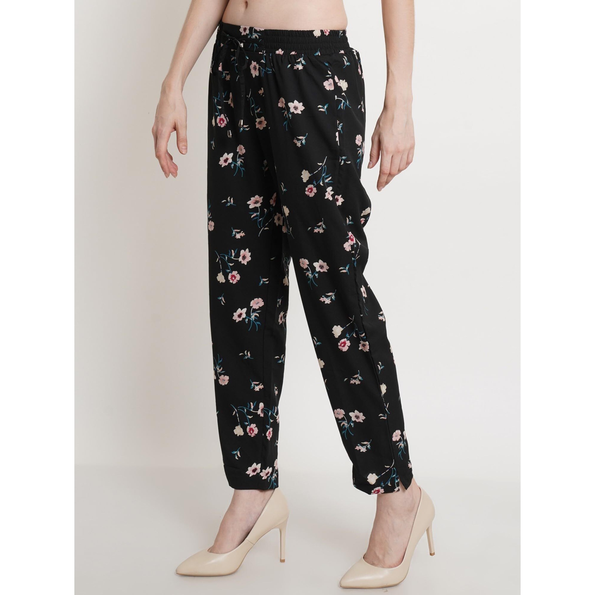POPWINGS Women Casual Black Floral Printed Palazzo Palazzos for Women