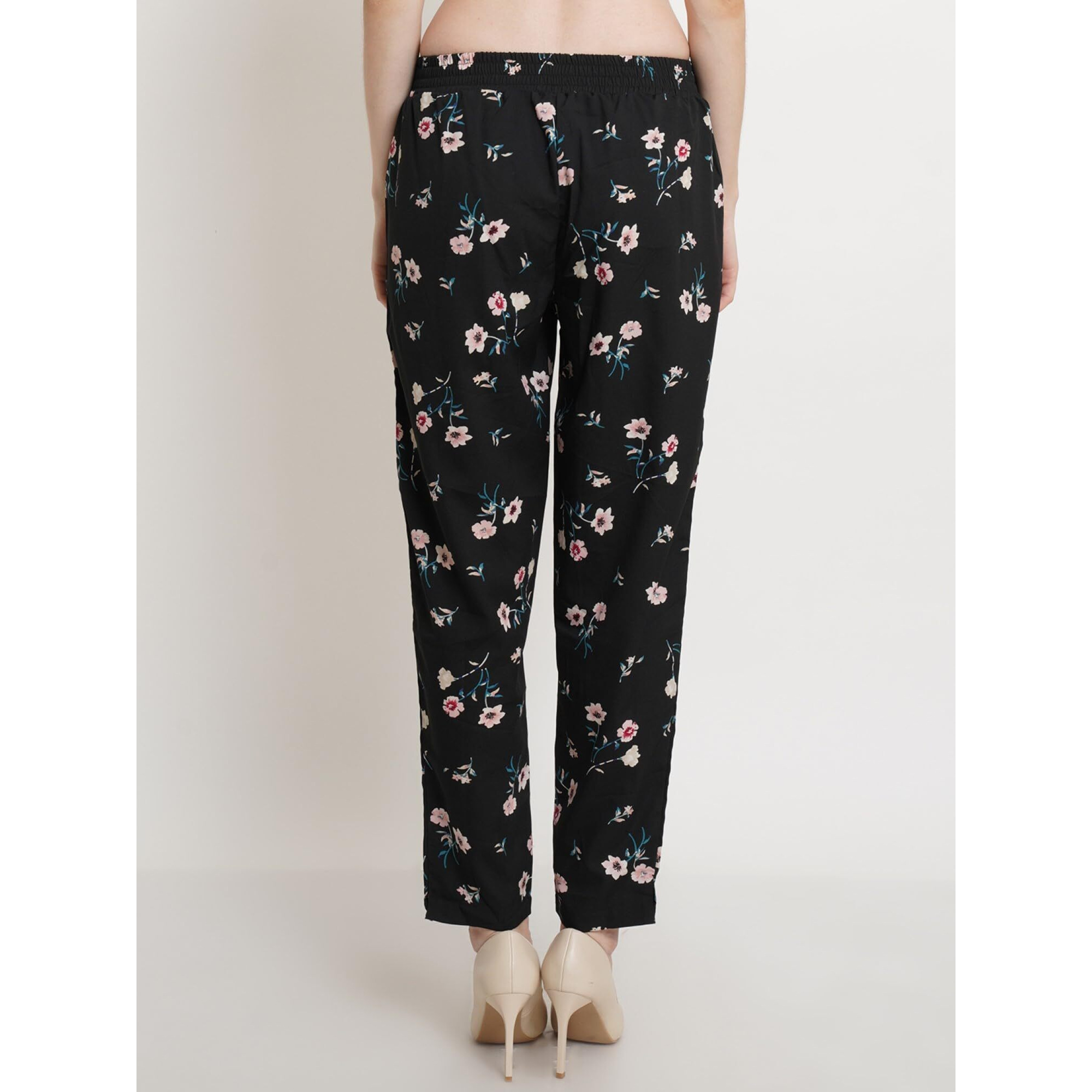 POPWINGS Women Casual Black Floral Printed Palazzo Palazzos for Women