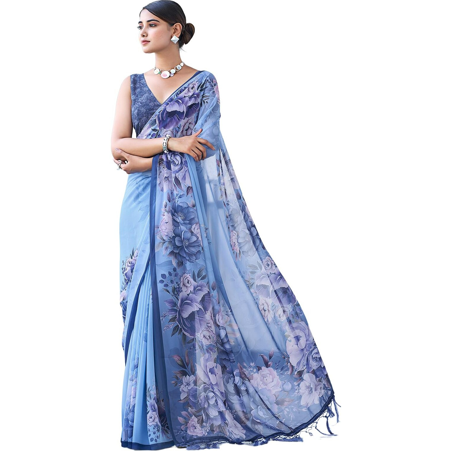 Satrani Women's Floral Printed Georgette Saree with Unstitched Blouse Piece (3505S115N_Blue5)