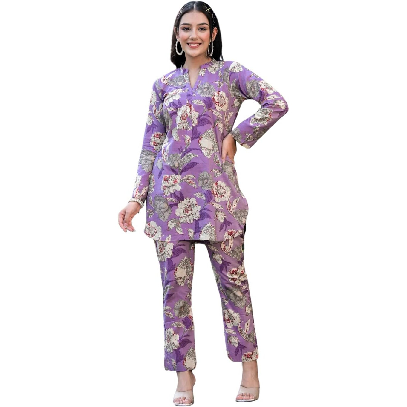 Leriya Fashion Women Ethnic Kurta Set | Cotton Blend Kalista Co-Ord Set | Casual Wear Pant Top Set | Fancy Pajama Set | Pack of 2 | Floral Printed Top & Pant Set (XX-Large, Purple) LF-K-W1726&TR817
