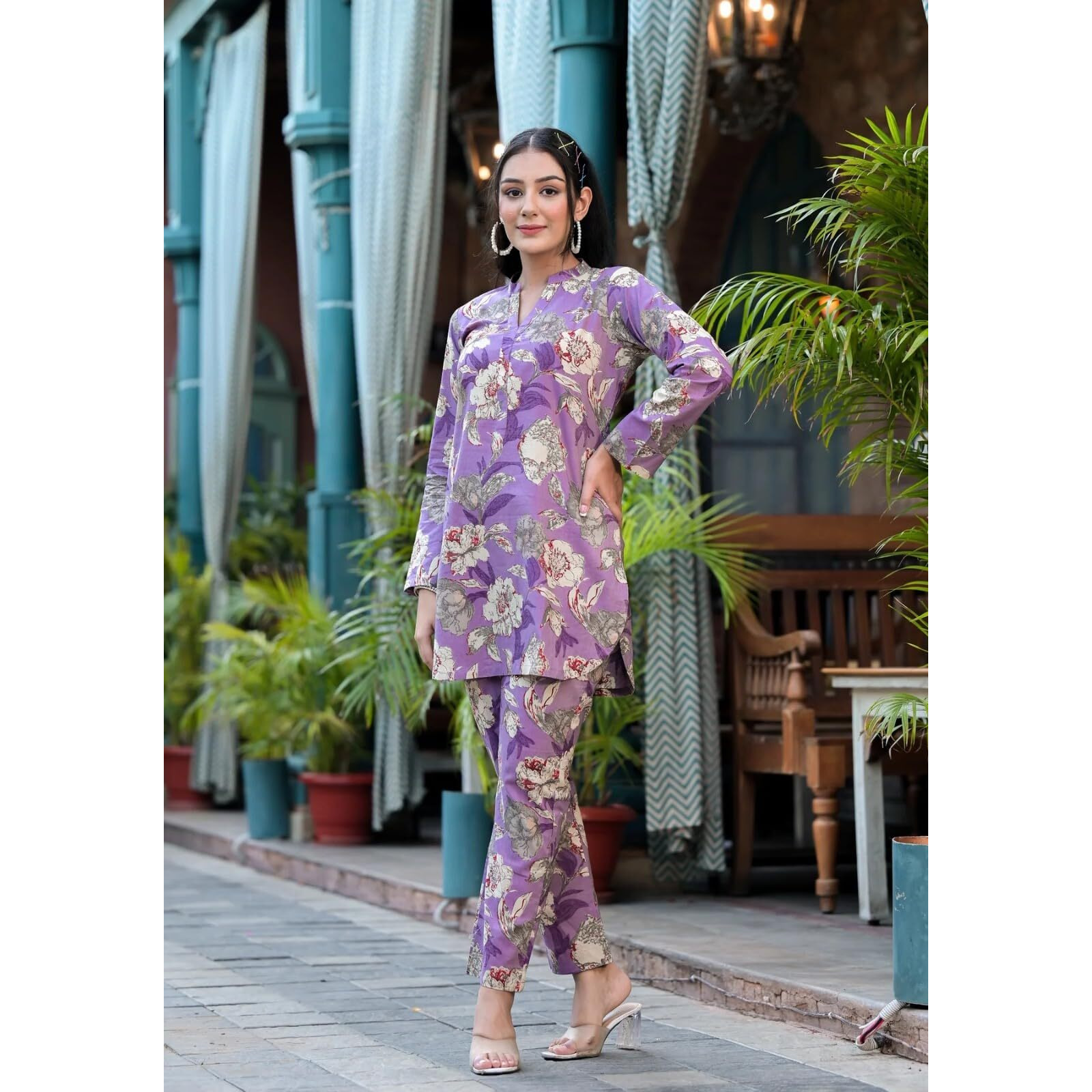 Leriya Fashion Women Ethnic Kurta Set | Cotton Blend Kalista Co-Ord Set | Casual Wear Pant Top Set | Fancy Pajama Set | Pack of 2 | Floral Printed Top & Pant Set (XX-Large, Purple) LF-K-W1726&TR817