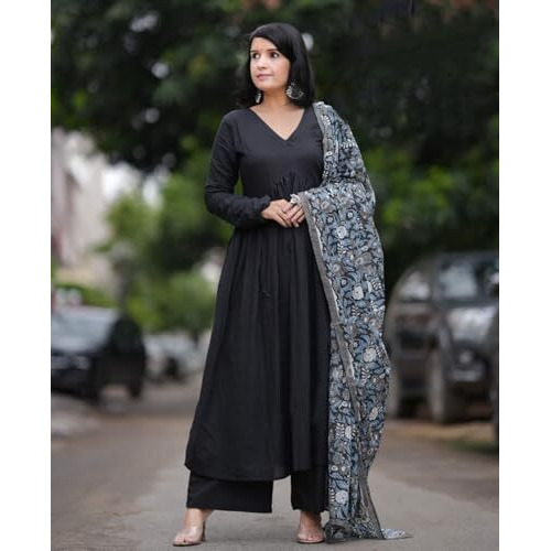 Alvami Women's Viscose Solid Regular Kurta Set (Mausam_Black_01