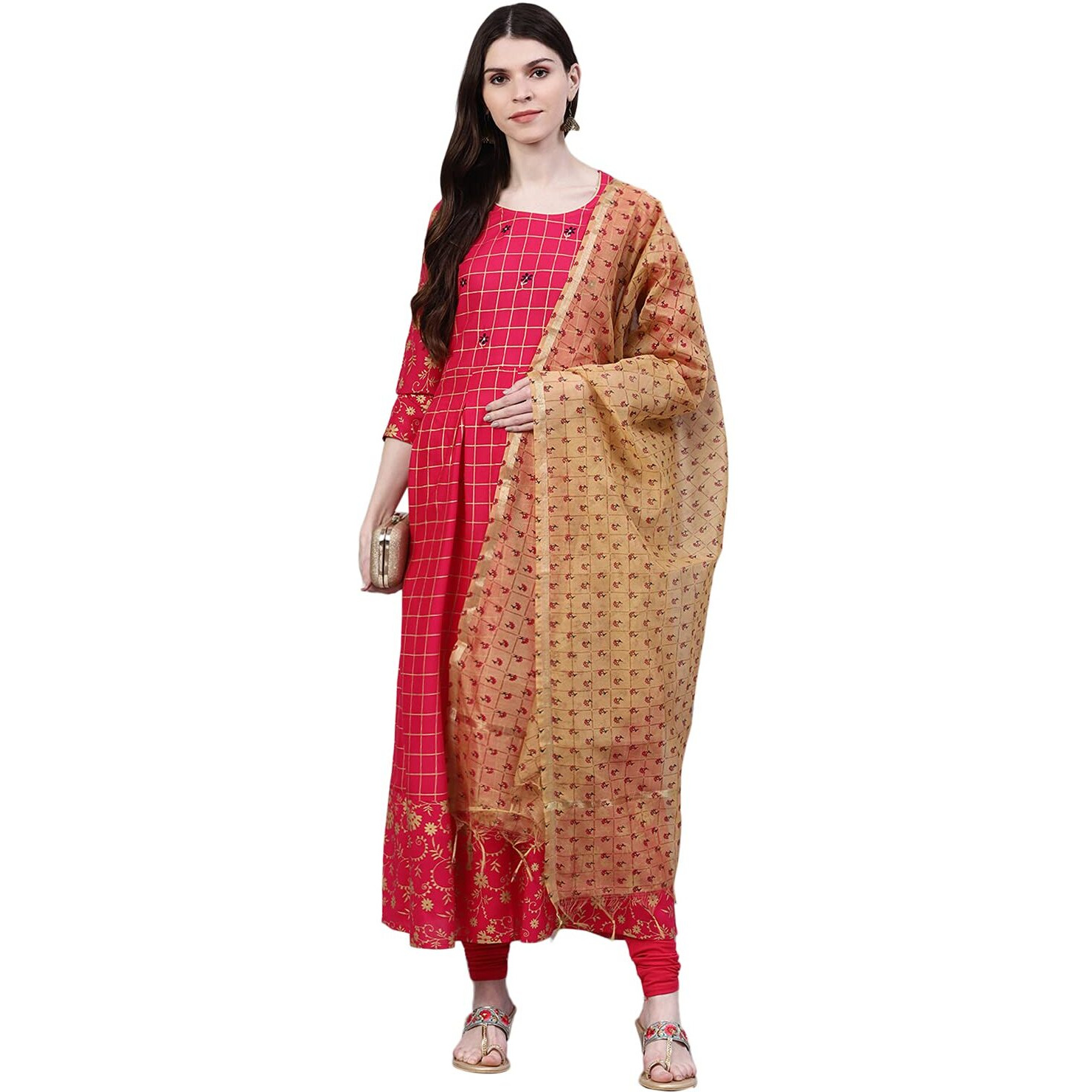 Stylum Women's Checkered Rayon Kurta Dupatta Set (Pinkpankhkdset46_Pink, 3XL)