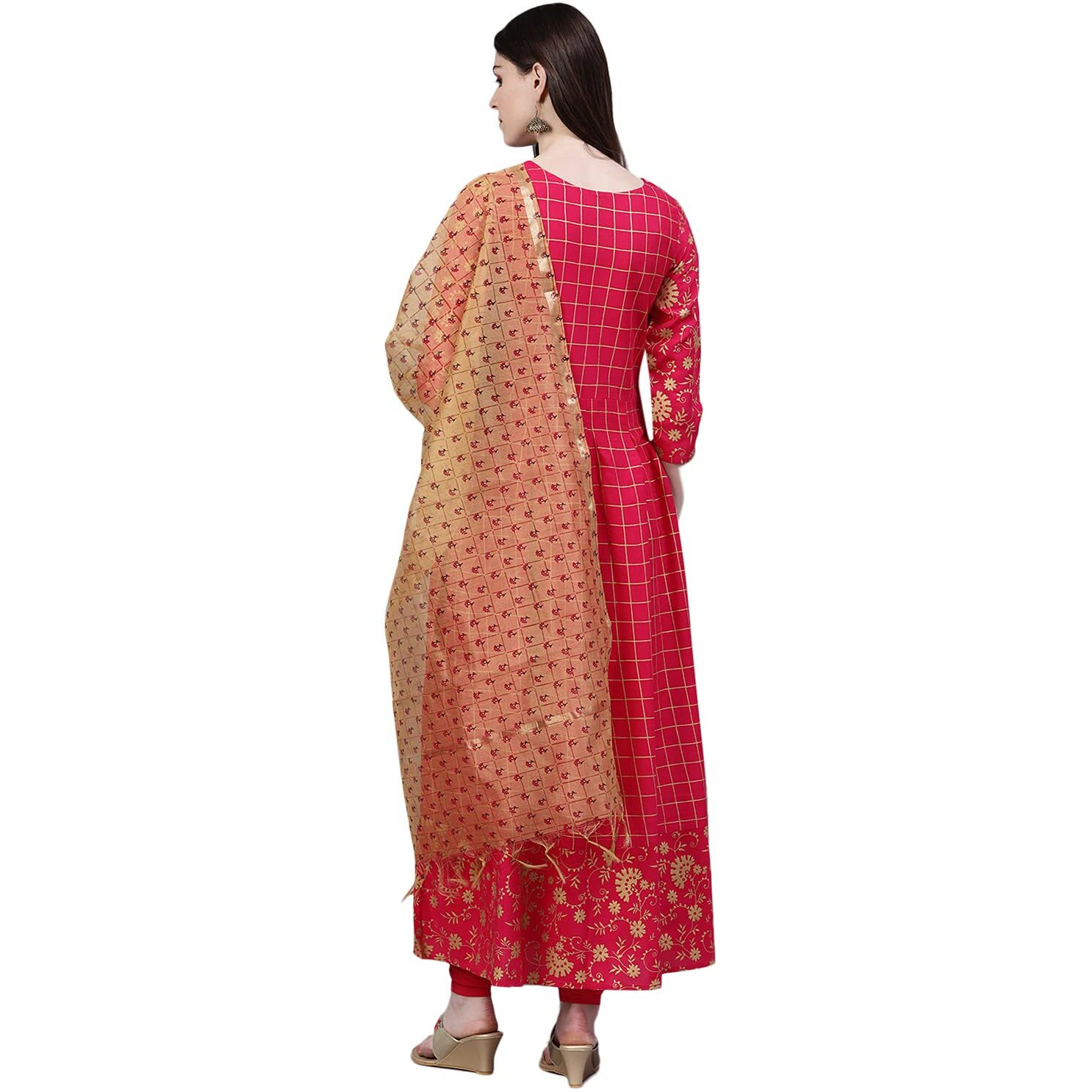 Stylum Women's Checkered Rayon Kurta Dupatta Set (Pinkpankhkdset46_Pink, 3XL)