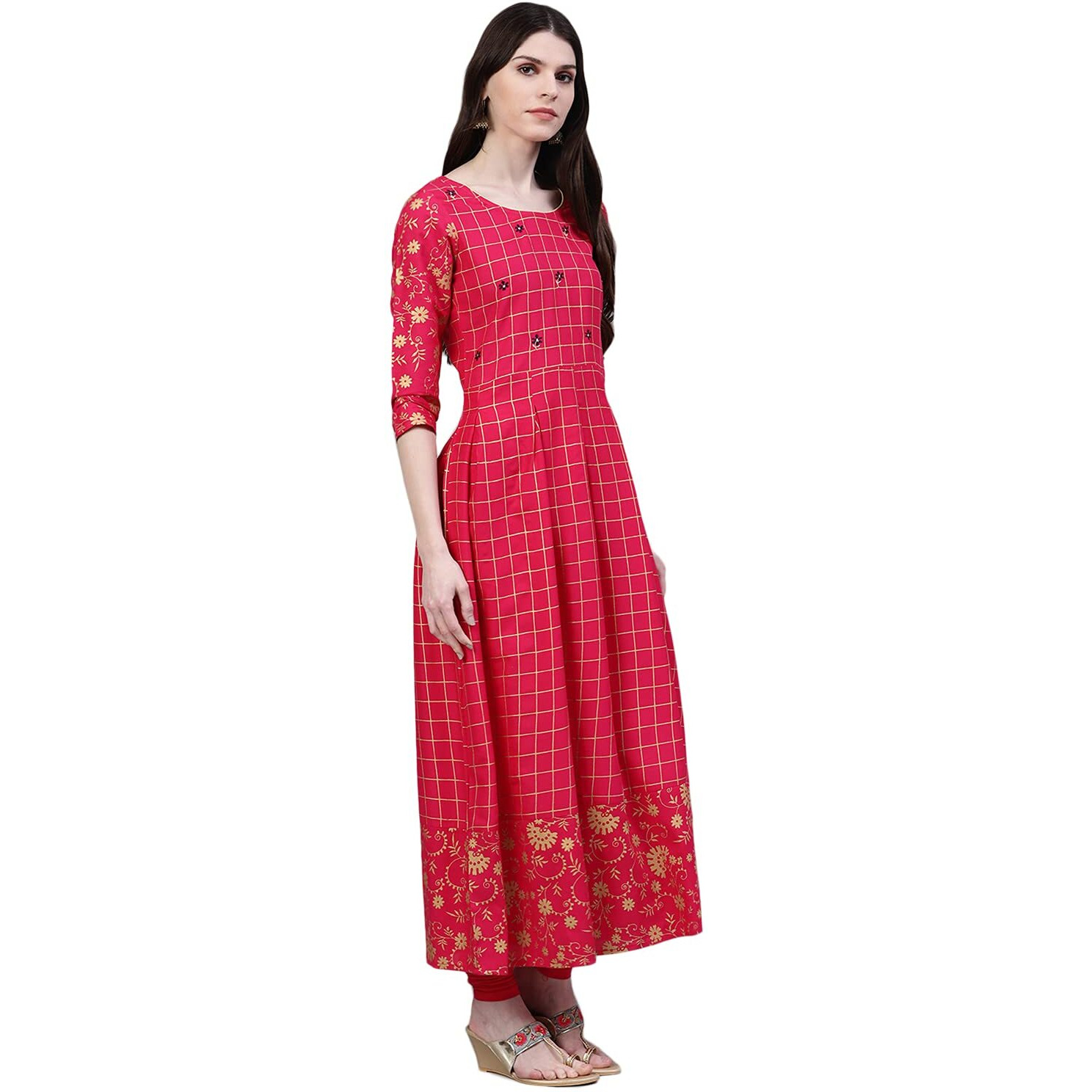 Stylum Women's Checkered Rayon Kurta Dupatta Set (Pinkpankhkdset46_Pink, 3XL)