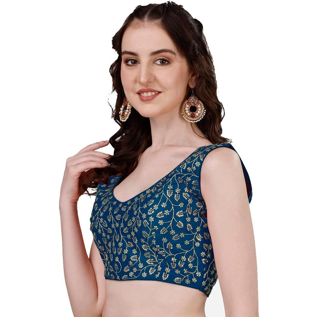 Pujia Mills Women's Sleeveless Blouse for Women morpeach Sleeveless Blouse Readymade Embroidery Work Blouse Sleeveless Saree Blouse Choli for Women aari Blouse Readymade (Krishnam Morpeach 38)