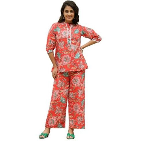 LERIYA FASHION Women's Rayon Printed Regular Kurta Set (LF-W2149&TR1116_Red_M)