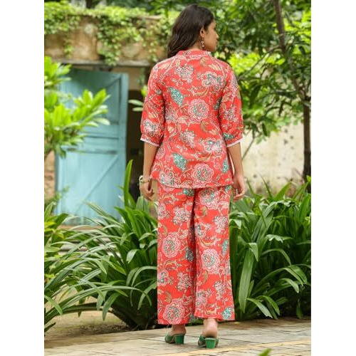 LERIYA FASHION Women's Rayon Printed Regular Kurta Set (LF-W2149&TR1116_Red_M)