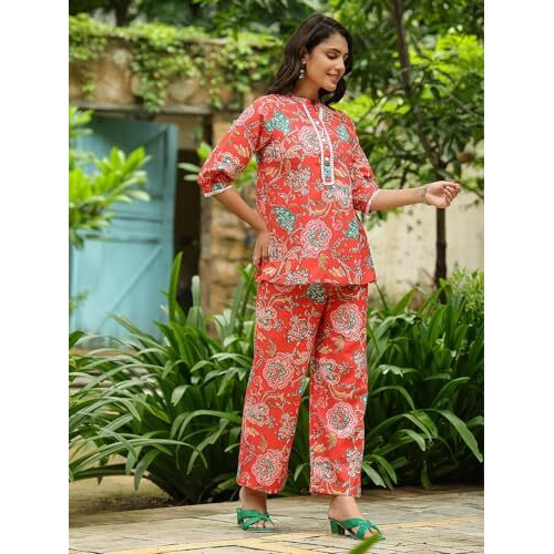 LERIYA FASHION Women's Rayon Printed Regular Kurta Set (LF-W2149&TR1116_Red_L)
