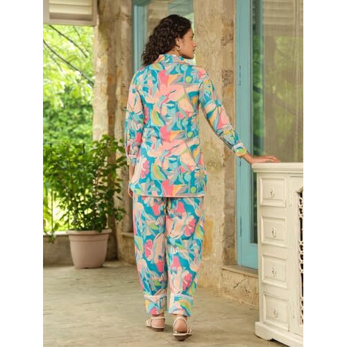 LERIYA FASHION Women's Rayon Printed Regular Kurta Set (LF-W2149&TR1116_Blue_XL)