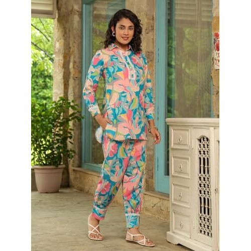 LERIYA FASHION Women's Rayon Printed Regular Kurta Set (LF-W2149&TR1116_Blue_XL)