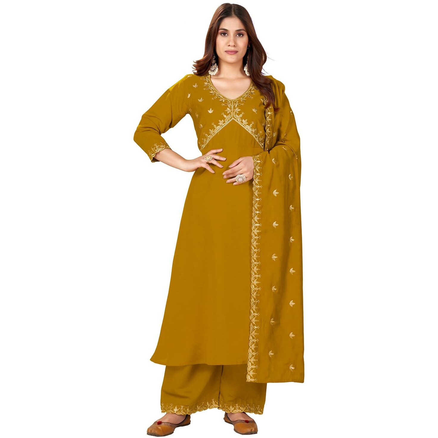 Granthva Fab Women's Silk Embroidered Anarkali Kurta with Palazzos and Dupatta (GF-6164-S_Yellow)