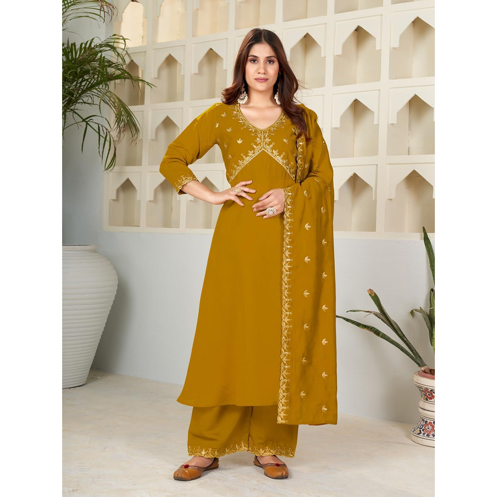 Granthva Fab Women's Silk Embroidered Anarkali Kurta with Palazzos and Dupatta (GF-6164-S_Yellow)