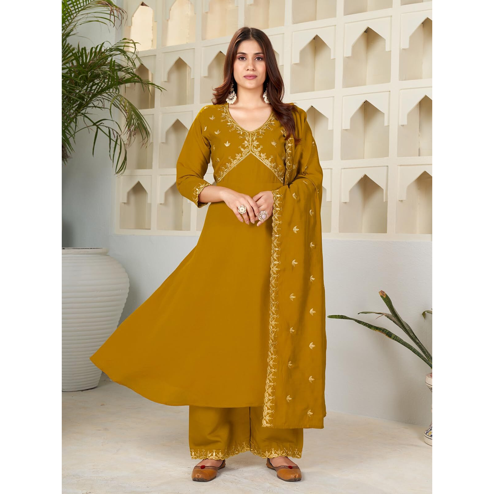 Granthva Fab Women's Silk Embroidered Anarkali Kurta with Palazzos and Dupatta (GF-6164-S_Yellow)