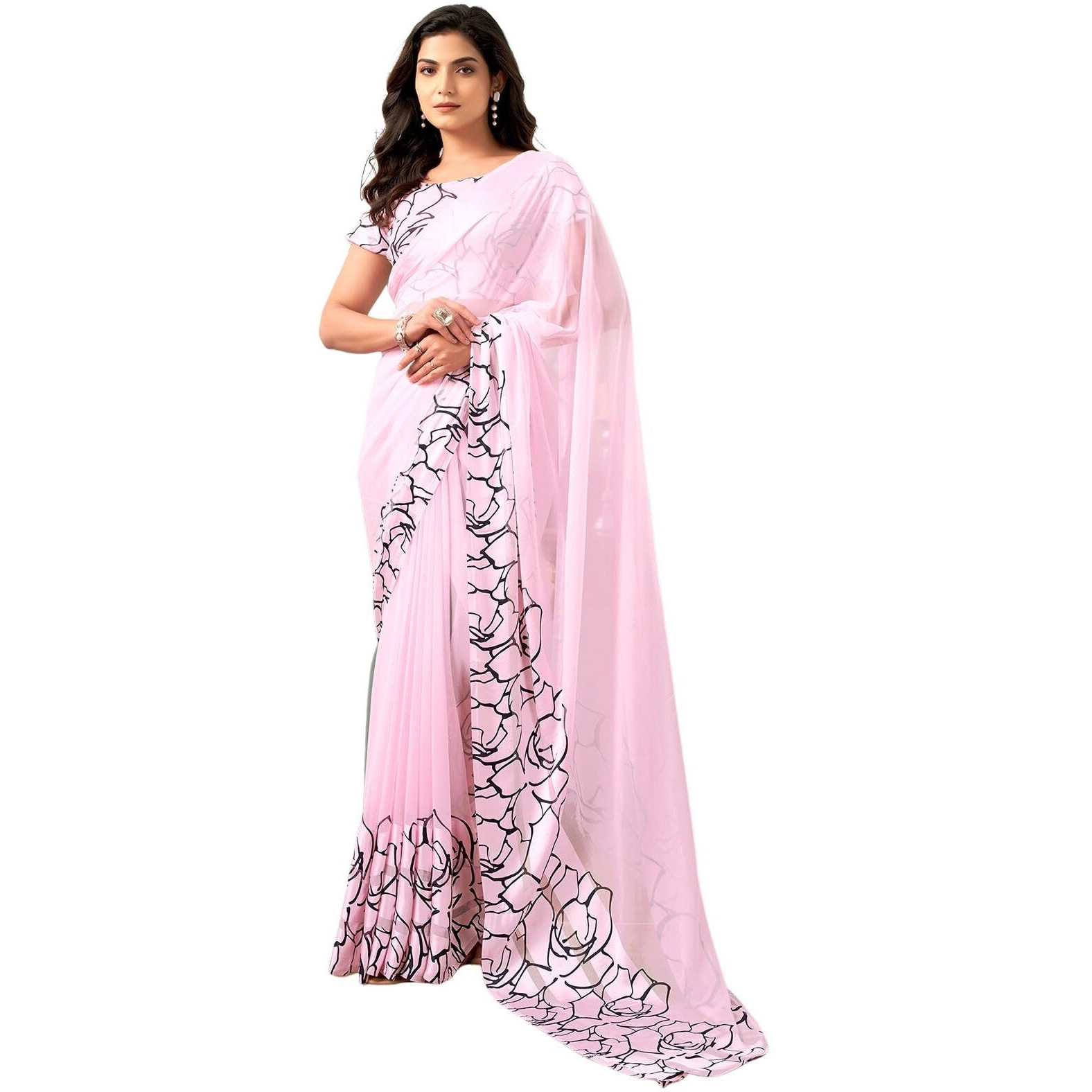 Satrani Women's Georgette Printed Satin Stripe Saree with Unstitched Blouse Piece (3923S136N_Light Pink)