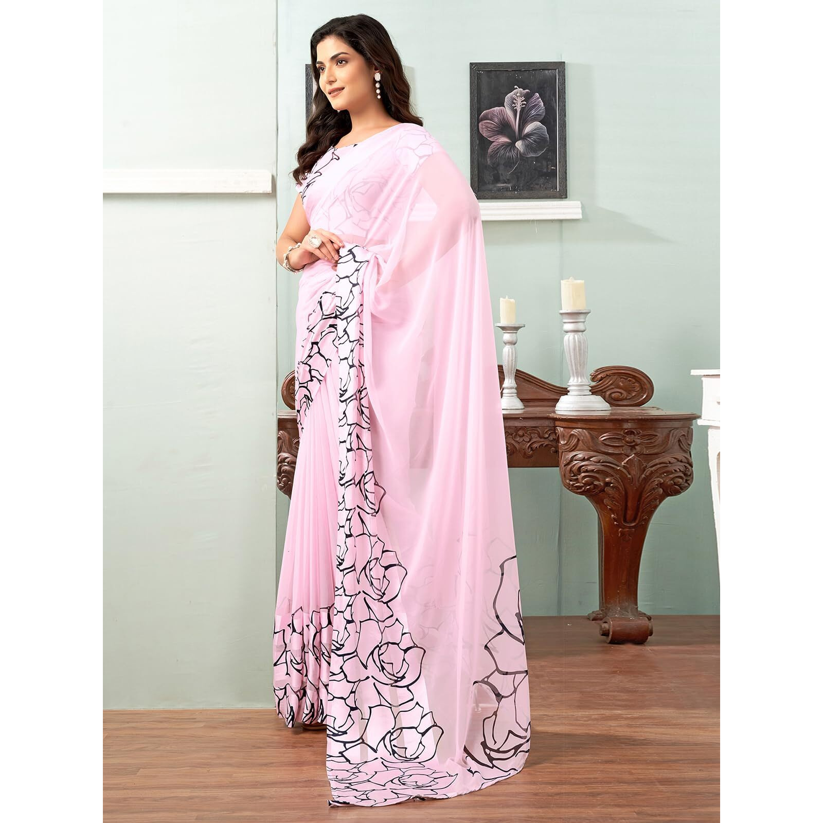 Satrani Women's Georgette Printed Satin Stripe Saree with Unstitched Blouse Piece (3923S136N_Light Pink)
