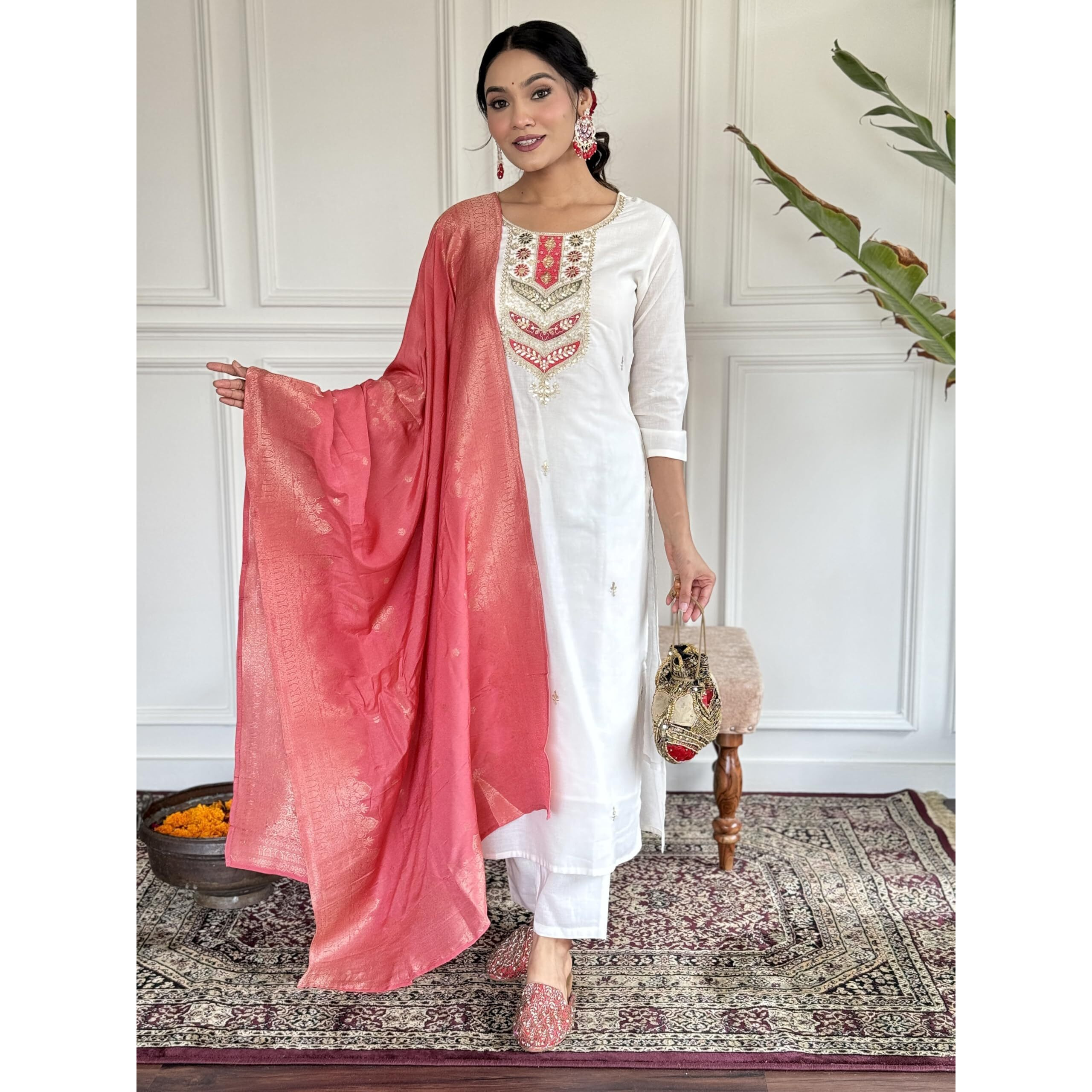 Naixa Women's Pink Viscose Cotton Embroidered Straight Kurta with Viscose Cotton Pant and Cotton Dupatta Sets (NX-585-Peach-XXL)