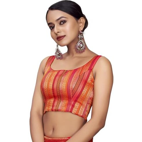 Vardha Women's Readymade Art Silk Sleeveless Padded Saree Blouse, Boat Neck with Gold Zari