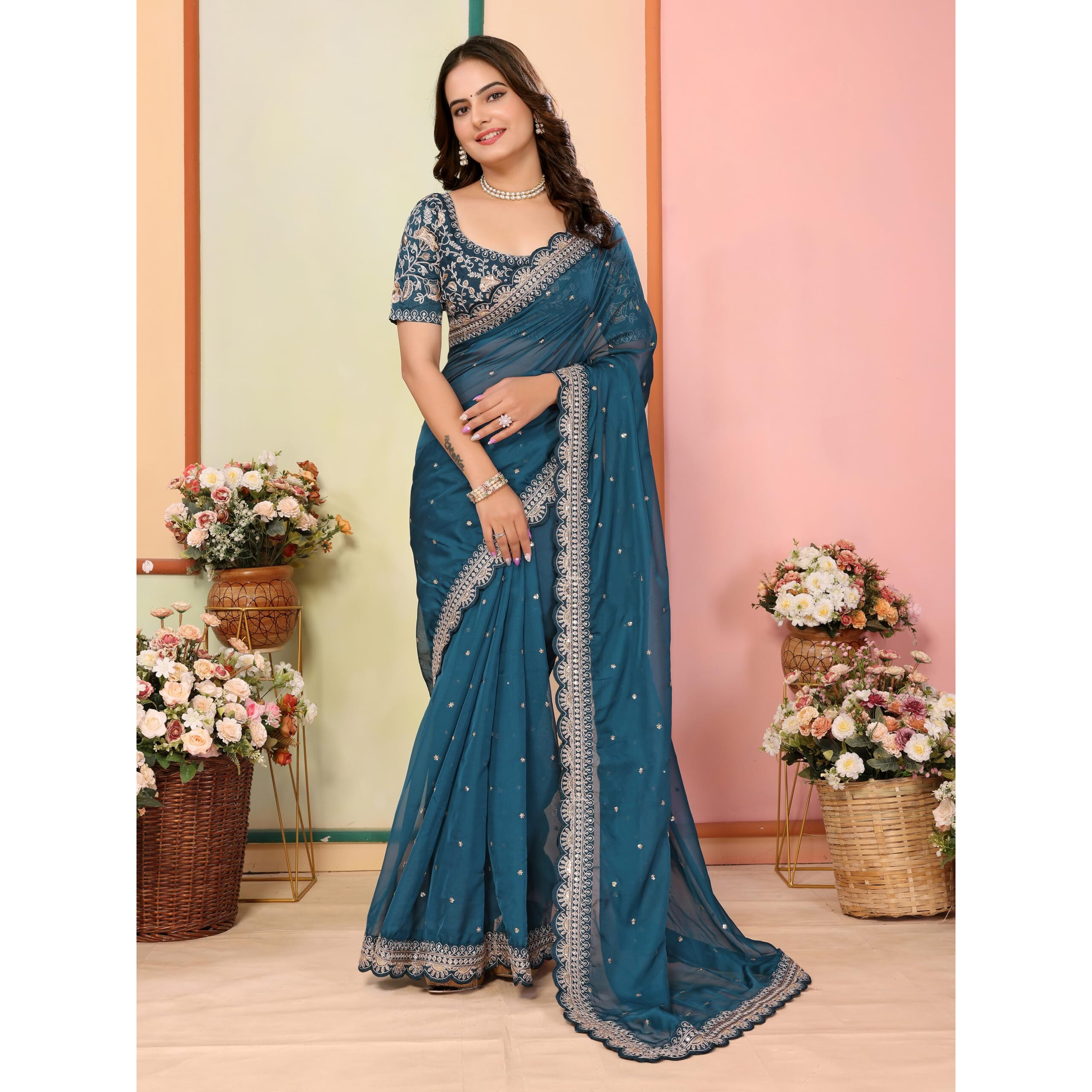 VAIRAGEE Women Soft Organza Teal Embroidery Saree With Unstiched Blouse(6252)
