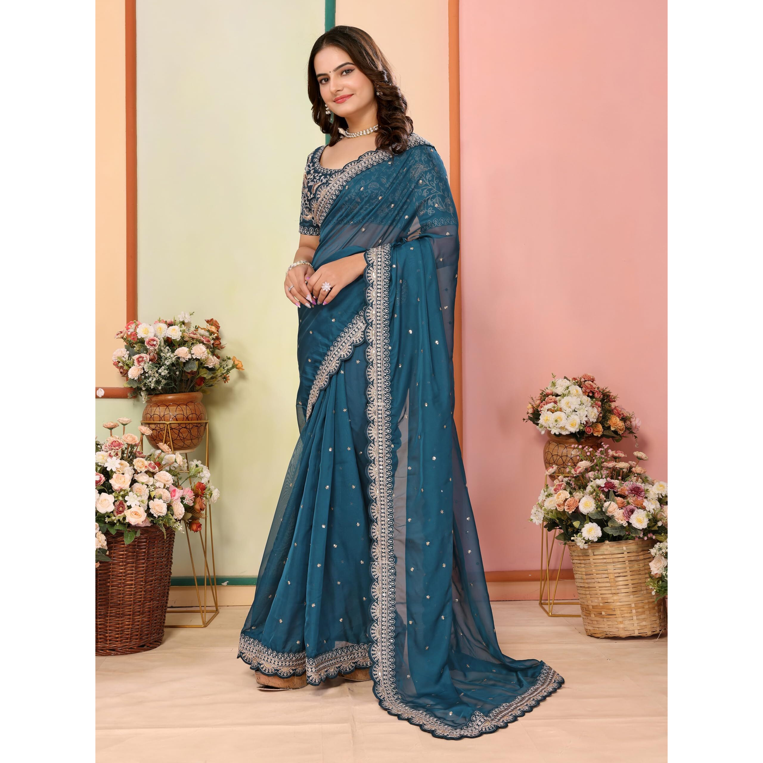 VAIRAGEE Women Soft Organza Teal Embroidery Saree With Unstiched Blouse(6252)