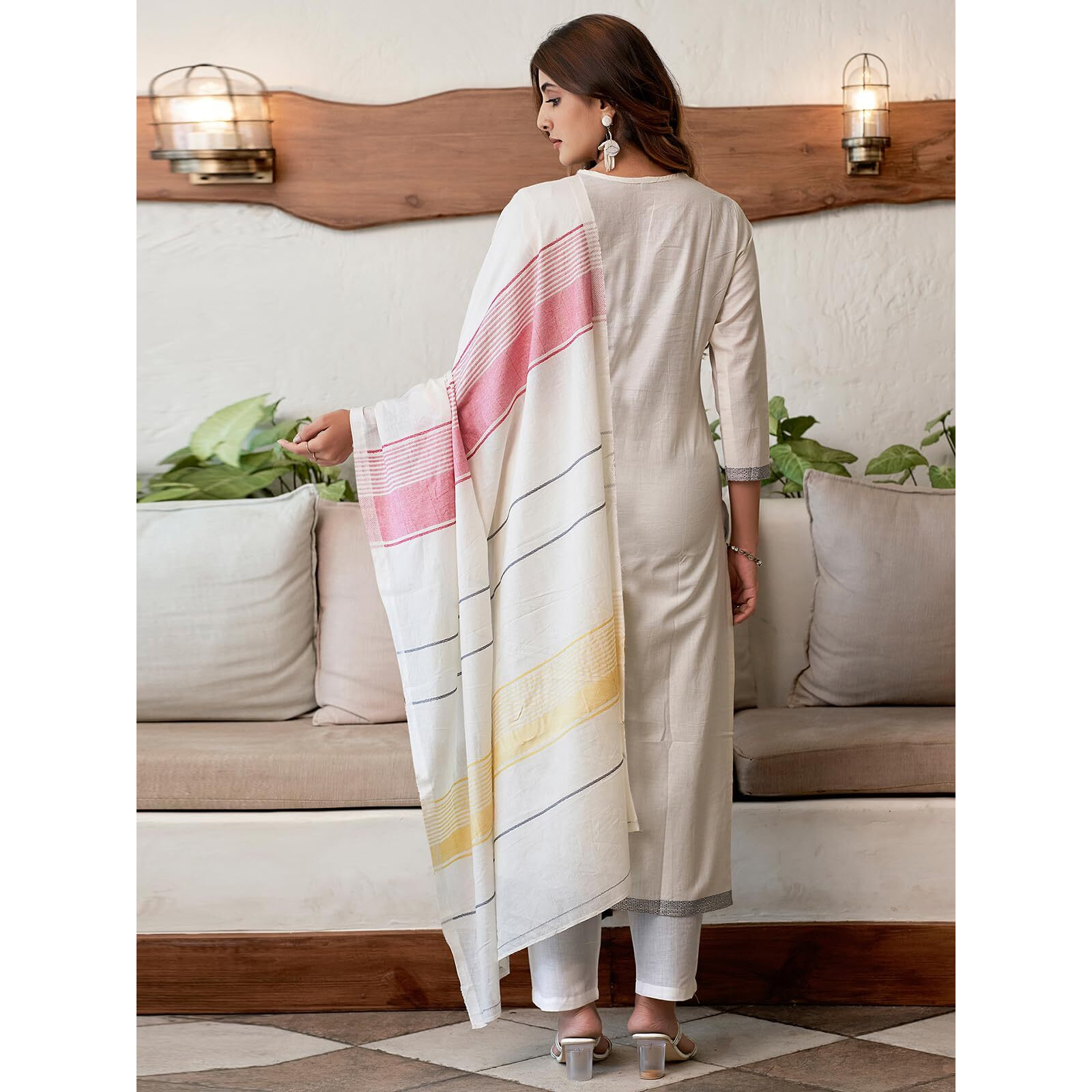 Sanisa Women's Cotton Jacquard Work Straight Kurta with Pant and Dupatta Set (212KBD2243NA-L_Off White & Multi)