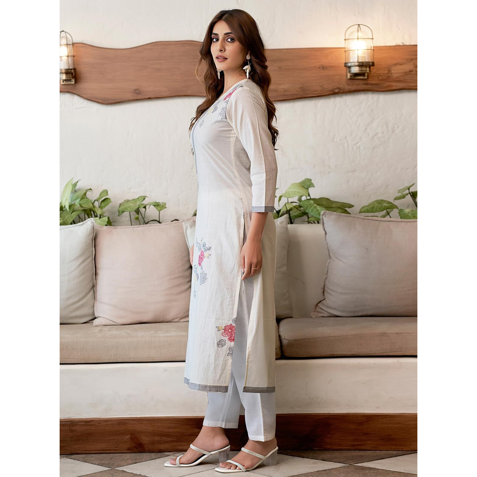 Sanisa Women's Cotton Jacquard Work Straight Kurta with Pant and Dupatta Set (212KBD2243NA-L_Off White & Multi)
