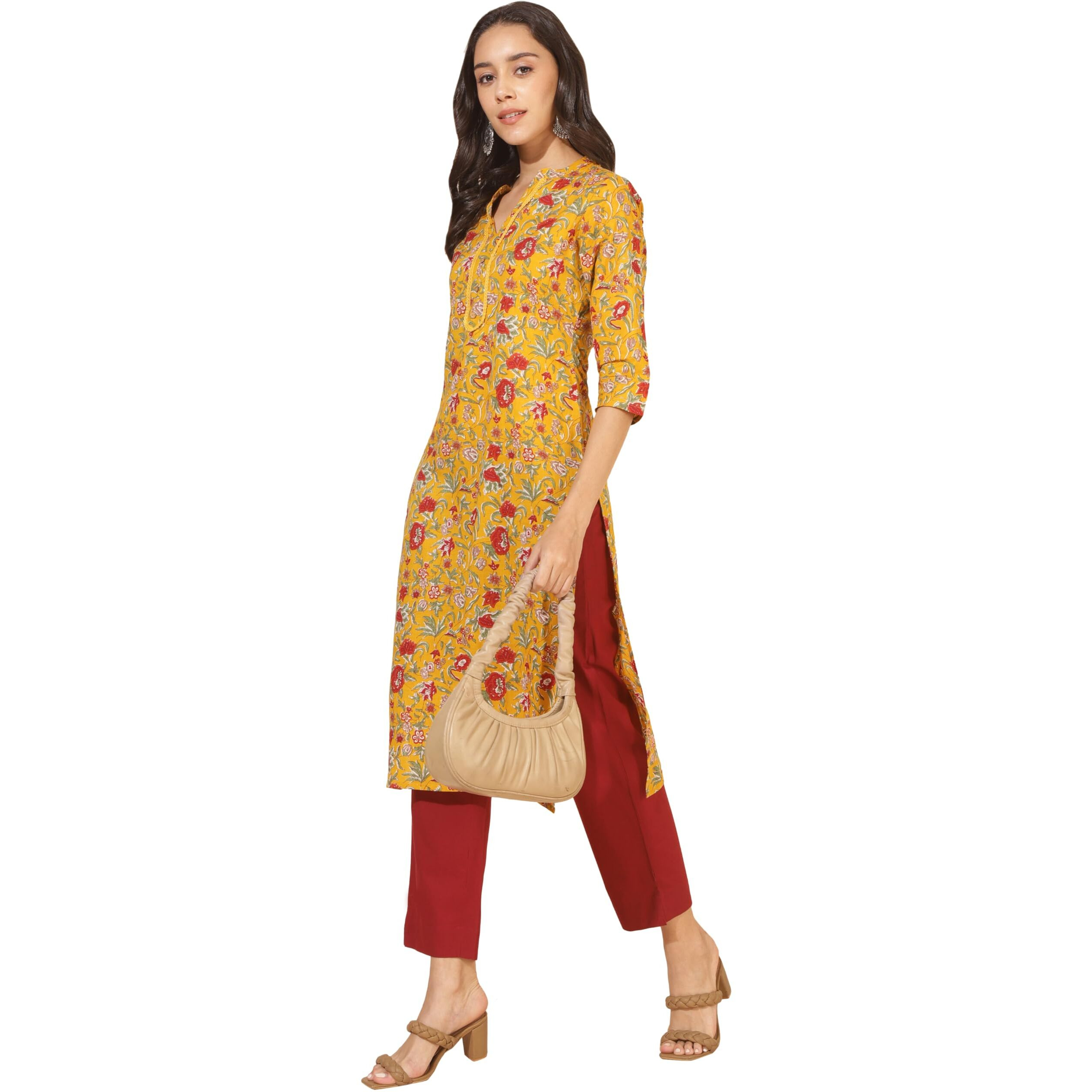 Janasya Women's Mustard Cotton Floral Regular Kurta(JNE4357-KR-L)