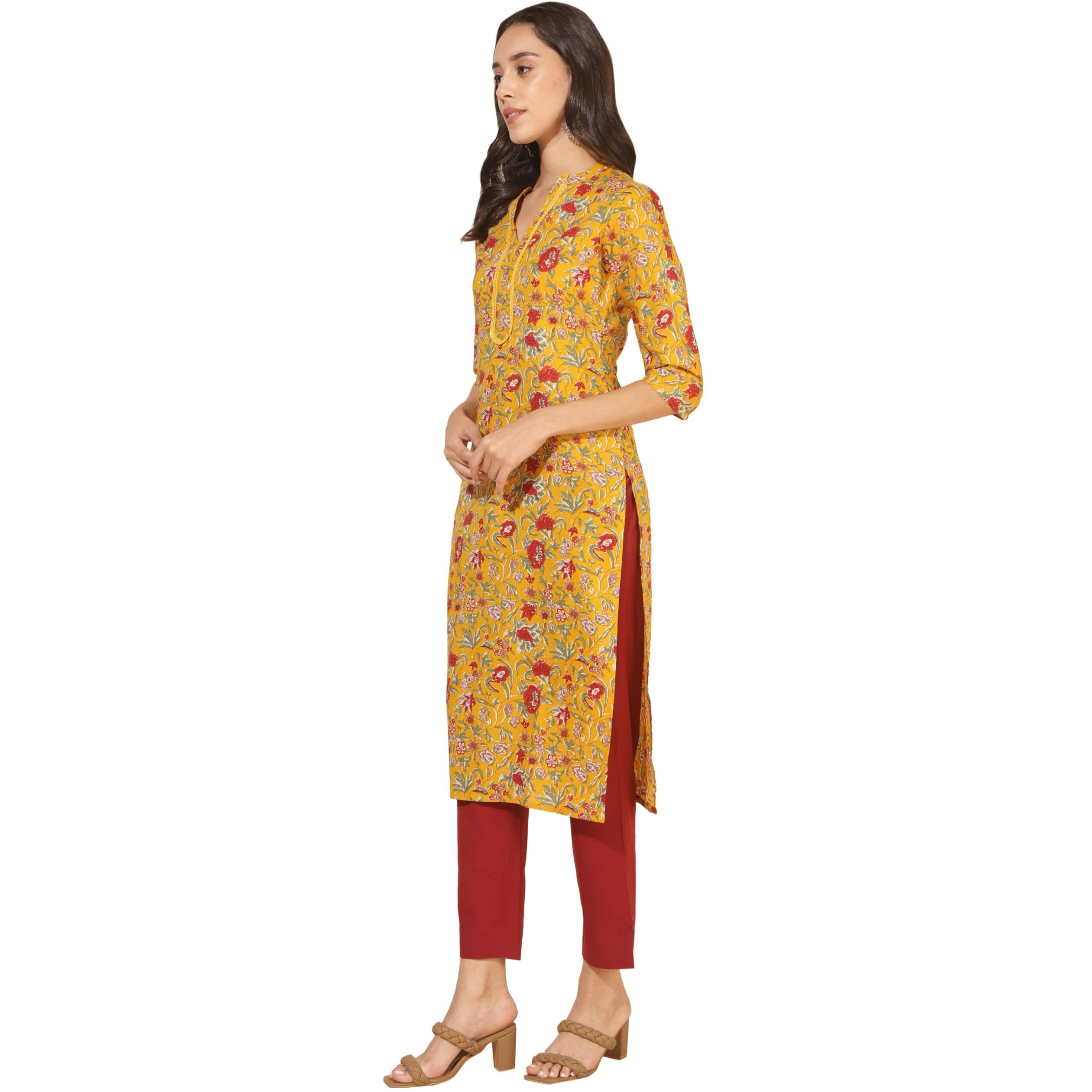 Janasya Women's Mustard Cotton Floral Regular Kurta(JNE4357-KR-L)