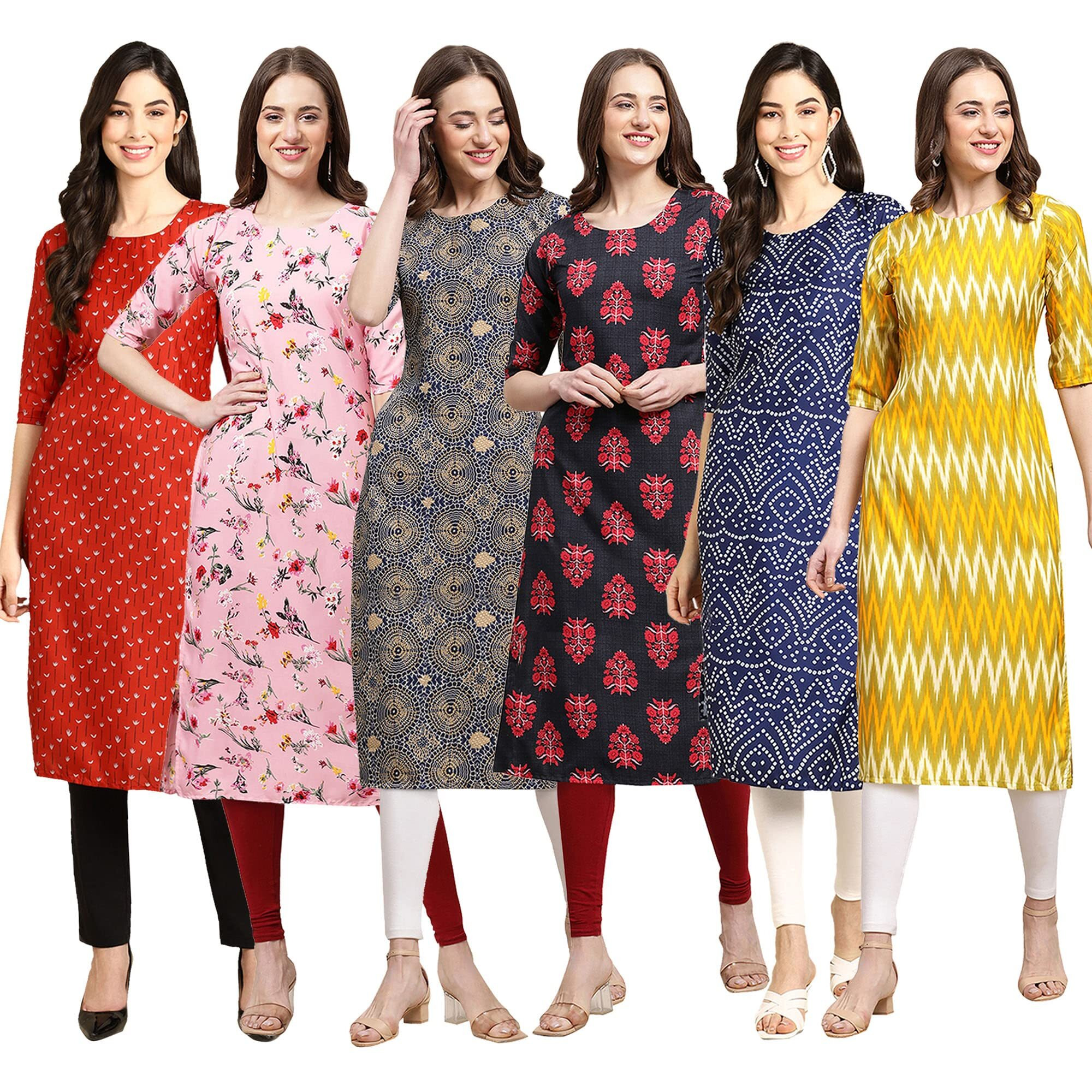 Pinkmint Women's Crepe Digital Print Straight Kurta Pack of 6