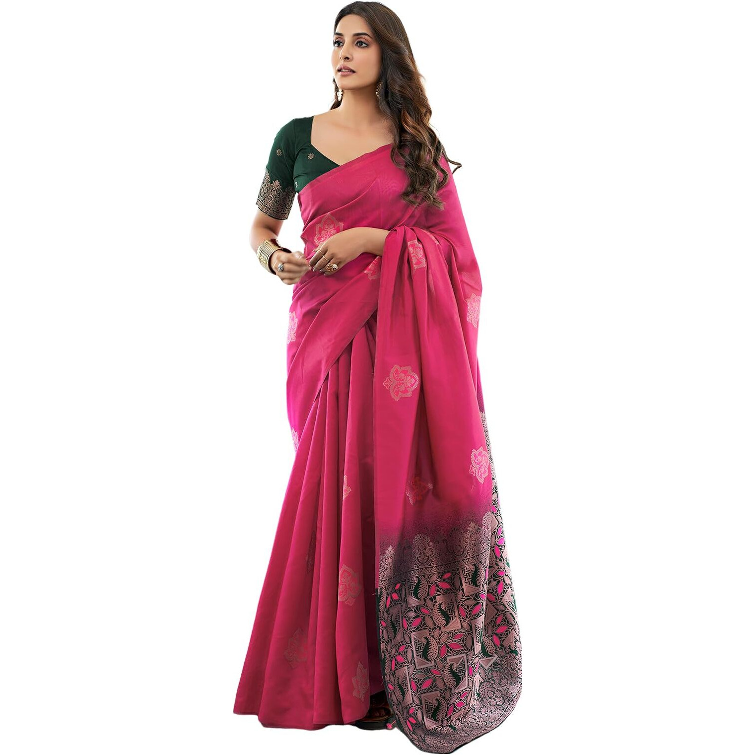 SWARON Women's Banarasi Jacquard Kanjivaram Silk Saree with Unstitched Blouse Piece (3696S109NW_Dark Hot Pink)