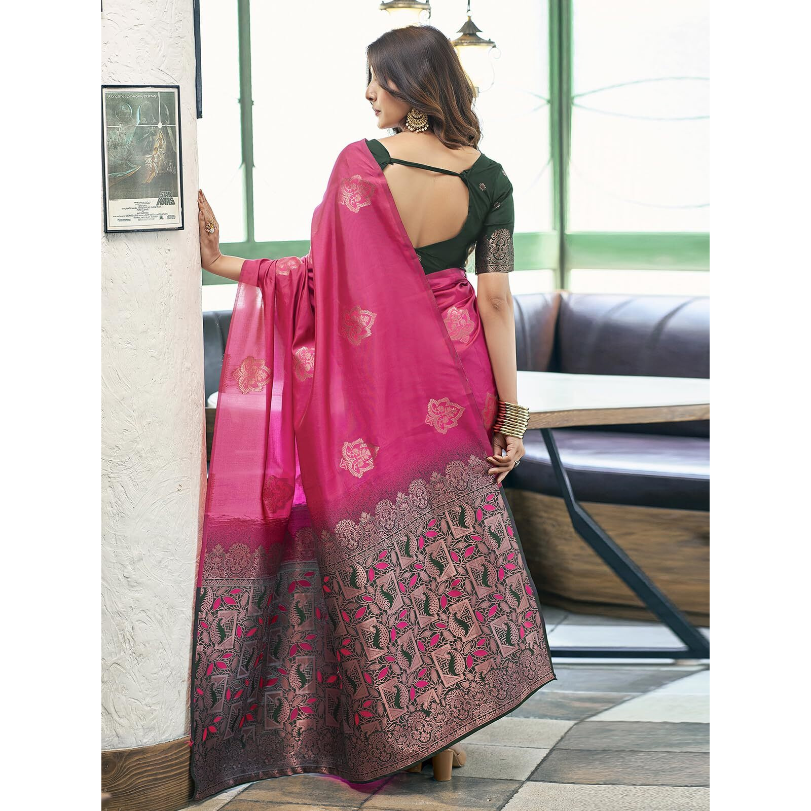SWARON Women's Banarasi Jacquard Kanjivaram Silk Saree with Unstitched Blouse Piece (3696S109NW_Dark Hot Pink)