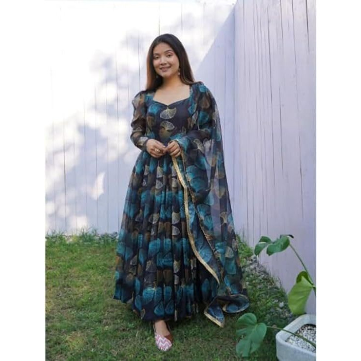 Anveri Textiles Women's Traditional Navy Blue Georgette Full Sleeve V Neck Floral Designer Printed Anarkali Kurta with Dupatta (151_Sanvi_6XL)