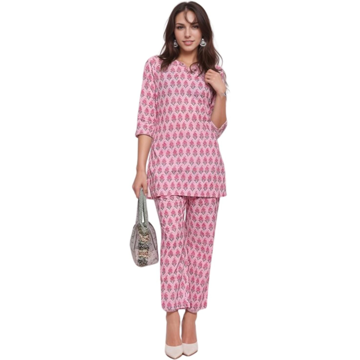 SMOWKLY Women's Printed Rayon Slub Mid Thighs Short Kurti With Relaxed Fit Pant Sylish Co-Ords Set || Trendy 3/4 Sleeve Kurta & Palazzo Cord Pair (Pink-Large)