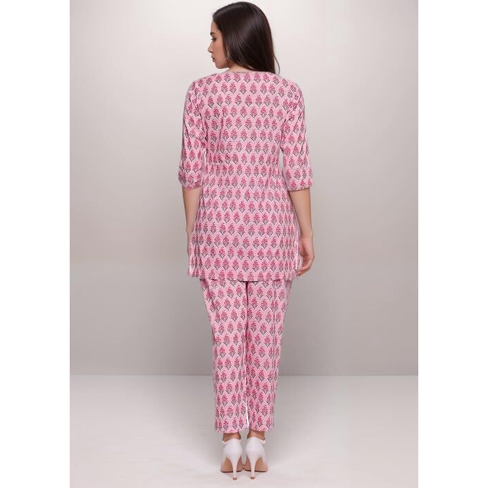 SMOWKLY Women's Printed Rayon Slub Mid Thighs Short Kurti With Relaxed Fit Pant Sylish Co-Ords Set || Trendy 3/4 Sleeve Kurta & Palazzo Cord Pair (Pink-Large)